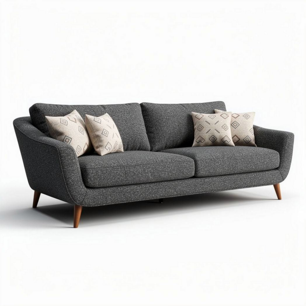 Gray fabric sofa with wooden legs and two decorative cushions 200 x 90 x 80cm