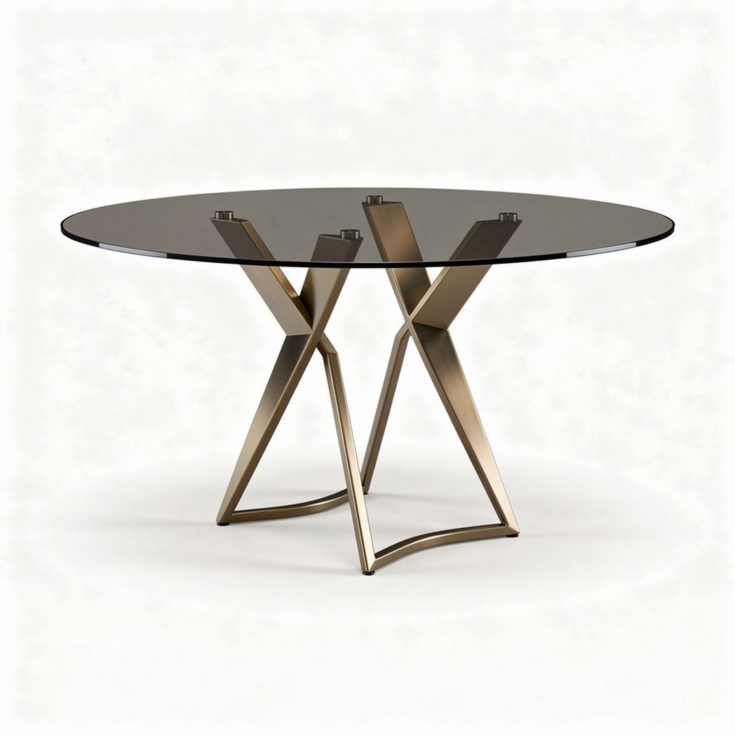 Glass top dining table with gold metal base for modern interiors 100 x 100 x 75cm