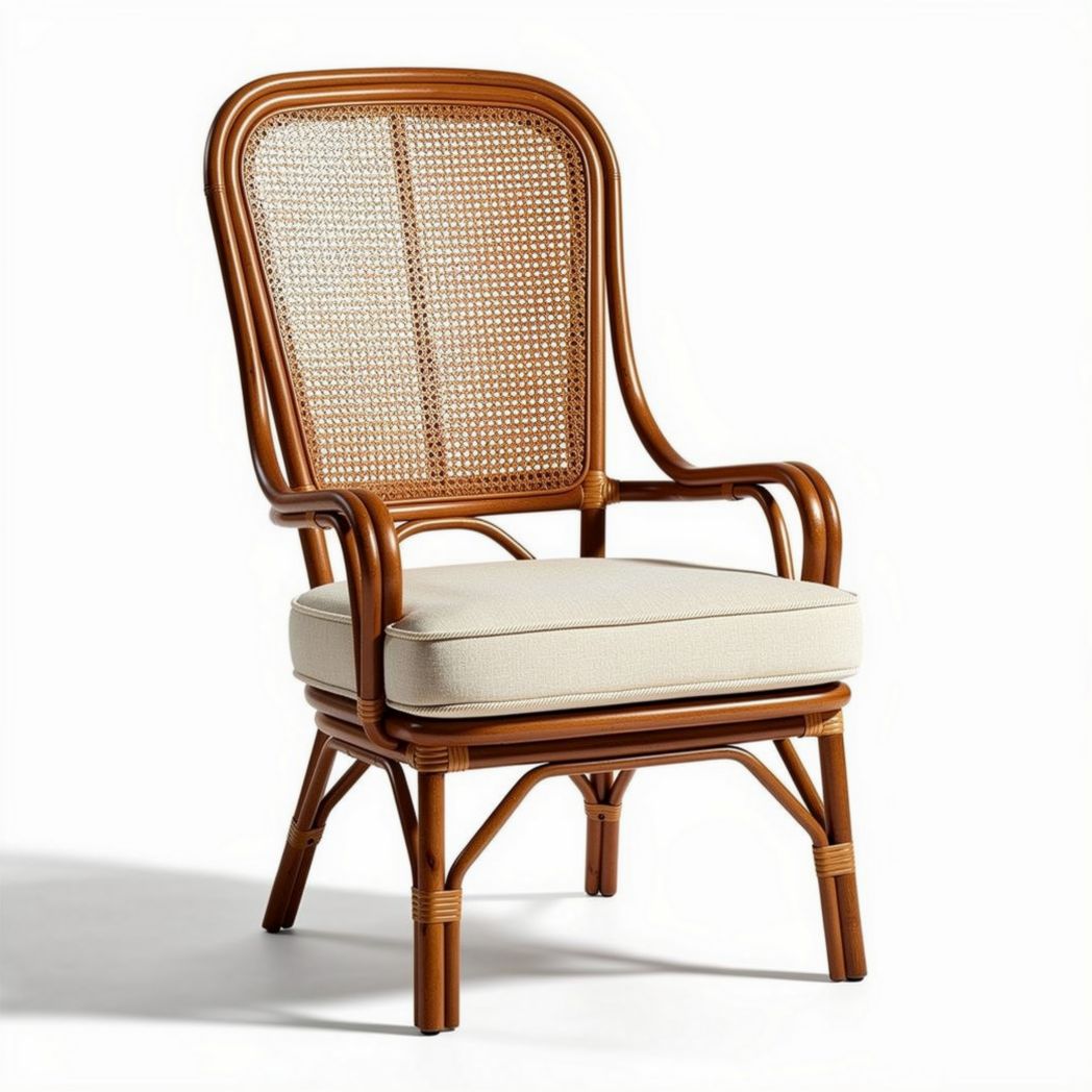 Rattan armchair with cushion and backrest for indoor or outdoor use