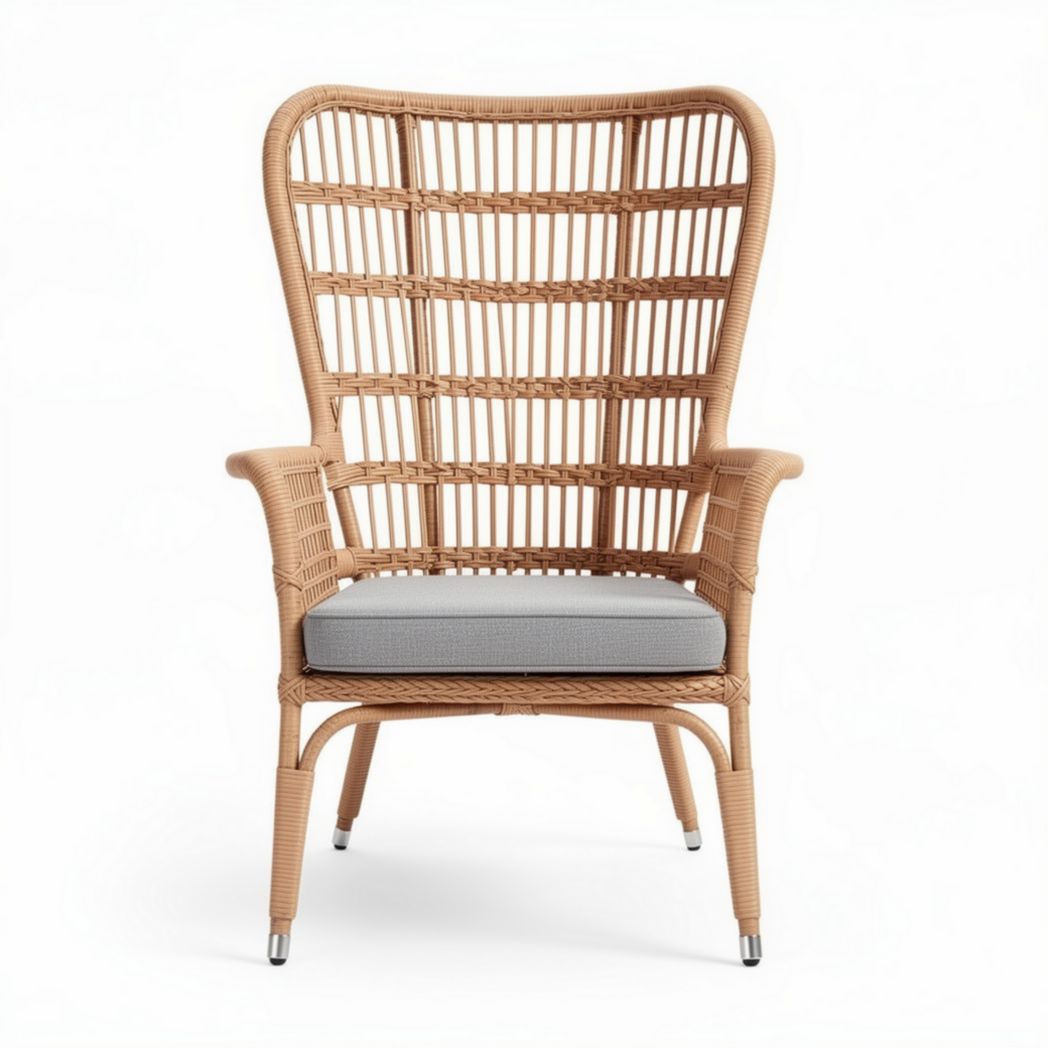 Rattan armchair with high back design and gray cushion for indoor use