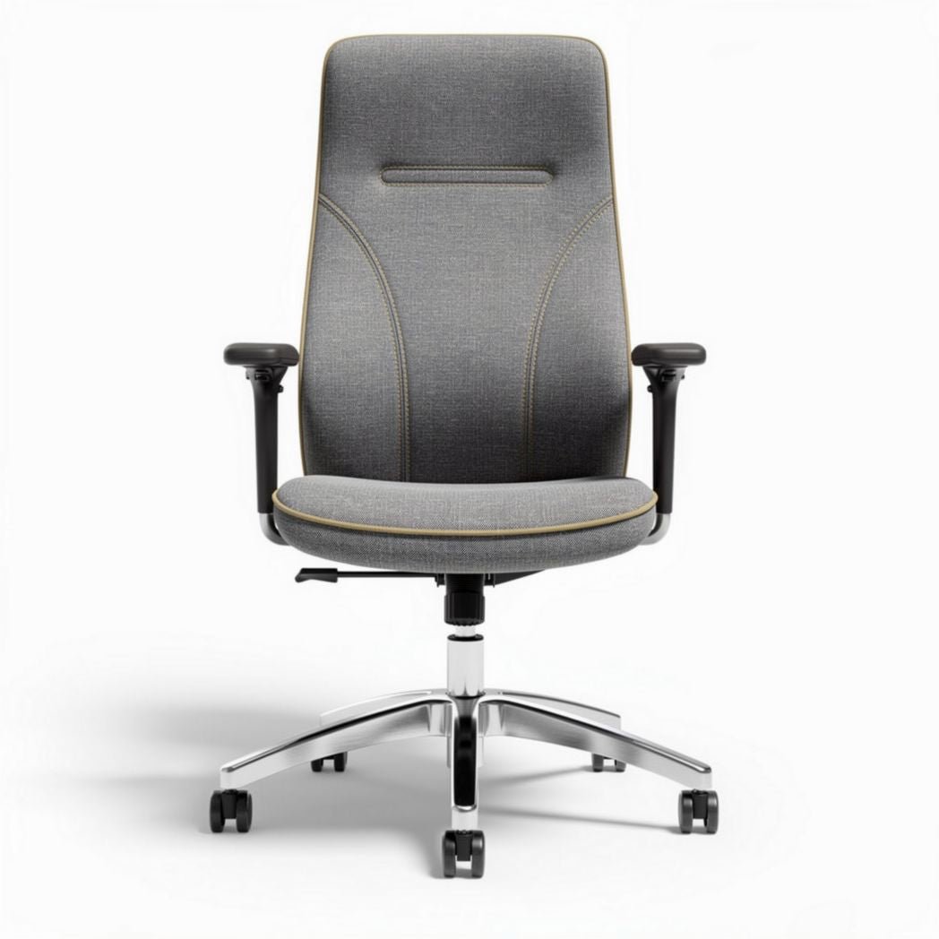 Ergonomic office chair with gray fabric upholstery and adjustable height