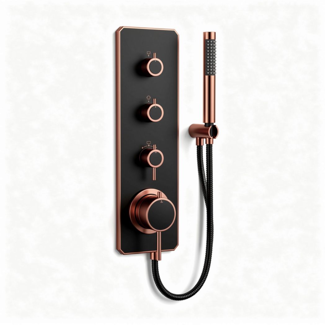Thermostatic shower panel system with handheld shower in black and rose gold 25 x 15 x 5cm