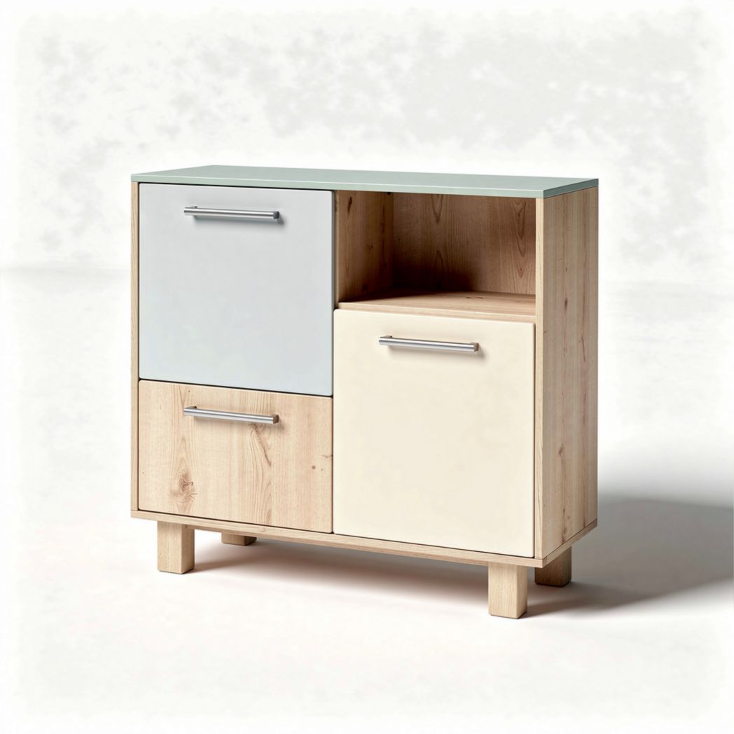 Wooden storage cabinet with sliding doors and open shelves 80 x 40 x 75cm