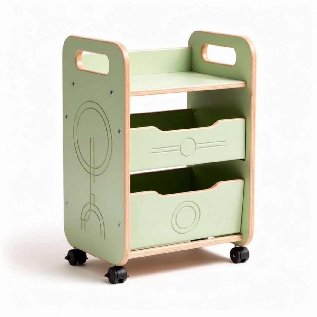Wooden storage cart with two drawers for toys and books in green 60 x 40 x 80cm