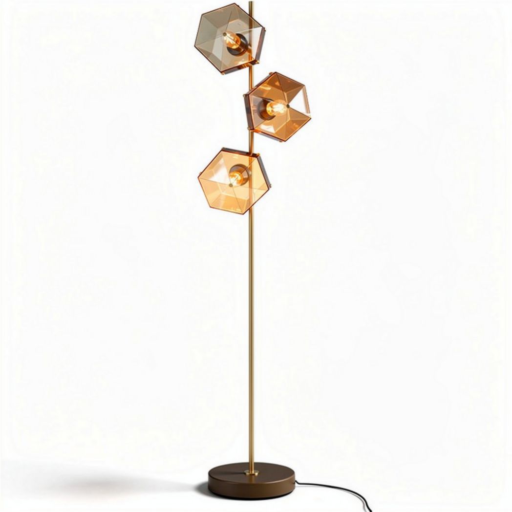 Modern floor lamp with three geometric glass shades and bronze finish