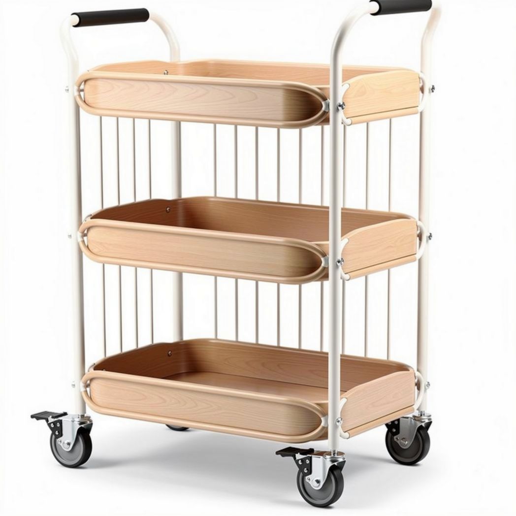 Wooden rolling cart with three tiers and white metal frame 80 x 40 x 90cm
