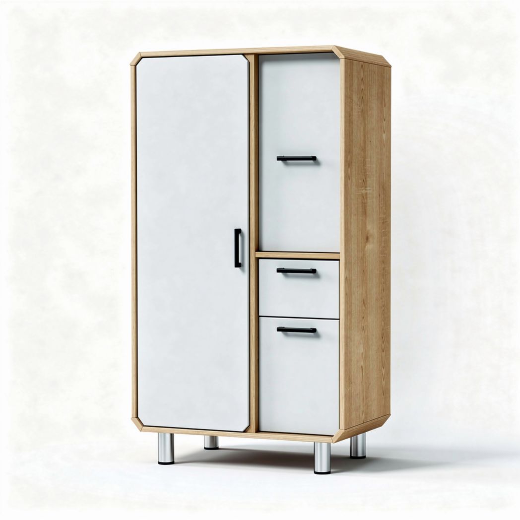Wooden storage cabinet with white doors and metal legs 80 x 40 x 150cm