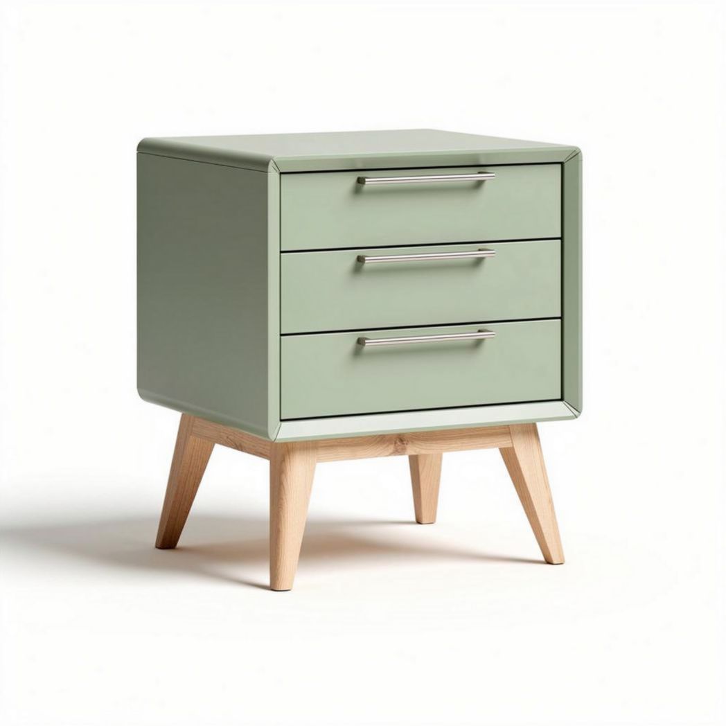 Green bedside table with three drawers and wooden legs 50 x 40 x 70cm