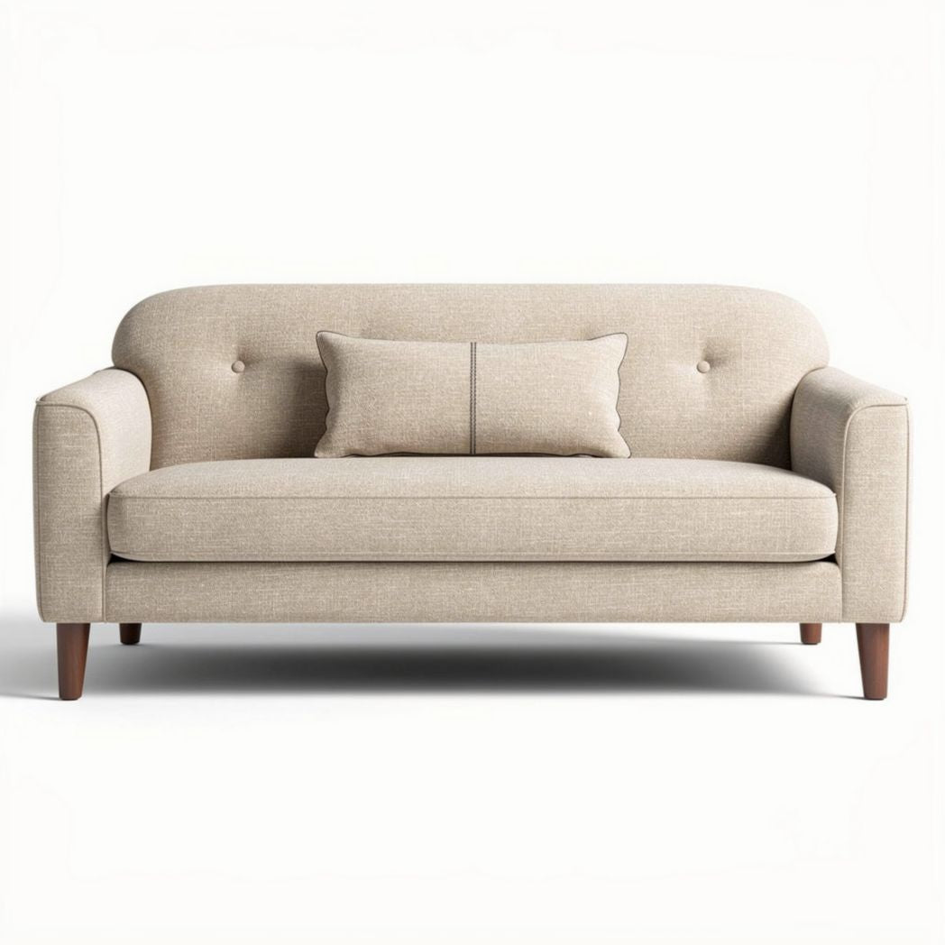 Beige fabric two-seater sofa with wooden legs and removable cushion 180 x 80 x 80cm