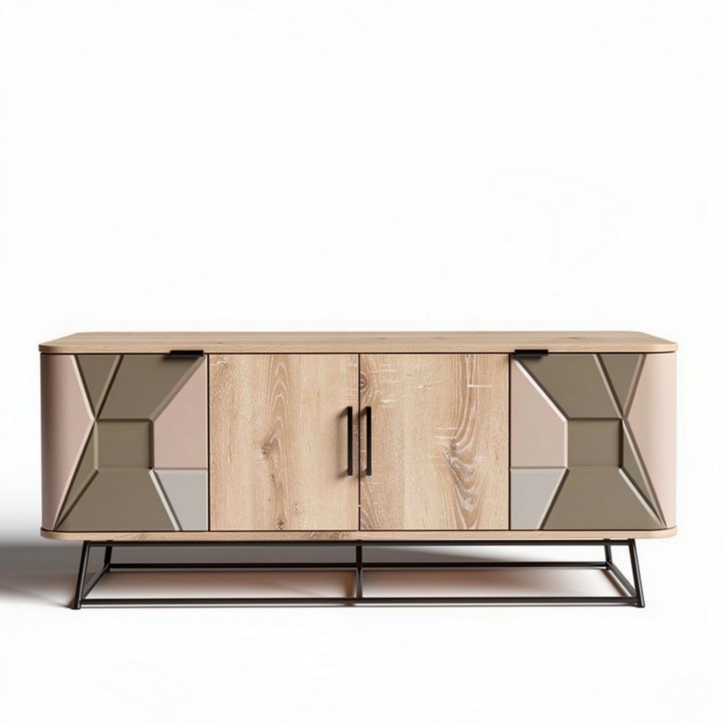 Modern wooden sideboard with geometric design in beige and brown 120 x 40 x 60cm